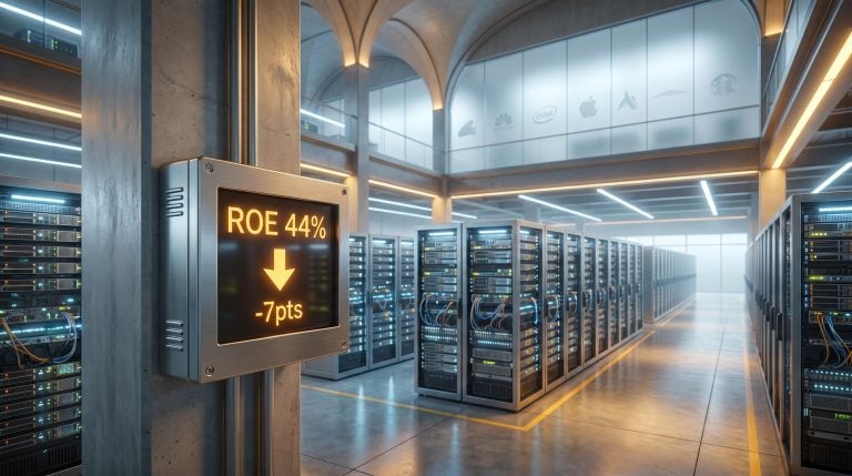 Vast AI data centre with ROE 44% panel and -7pts readout, visualising S