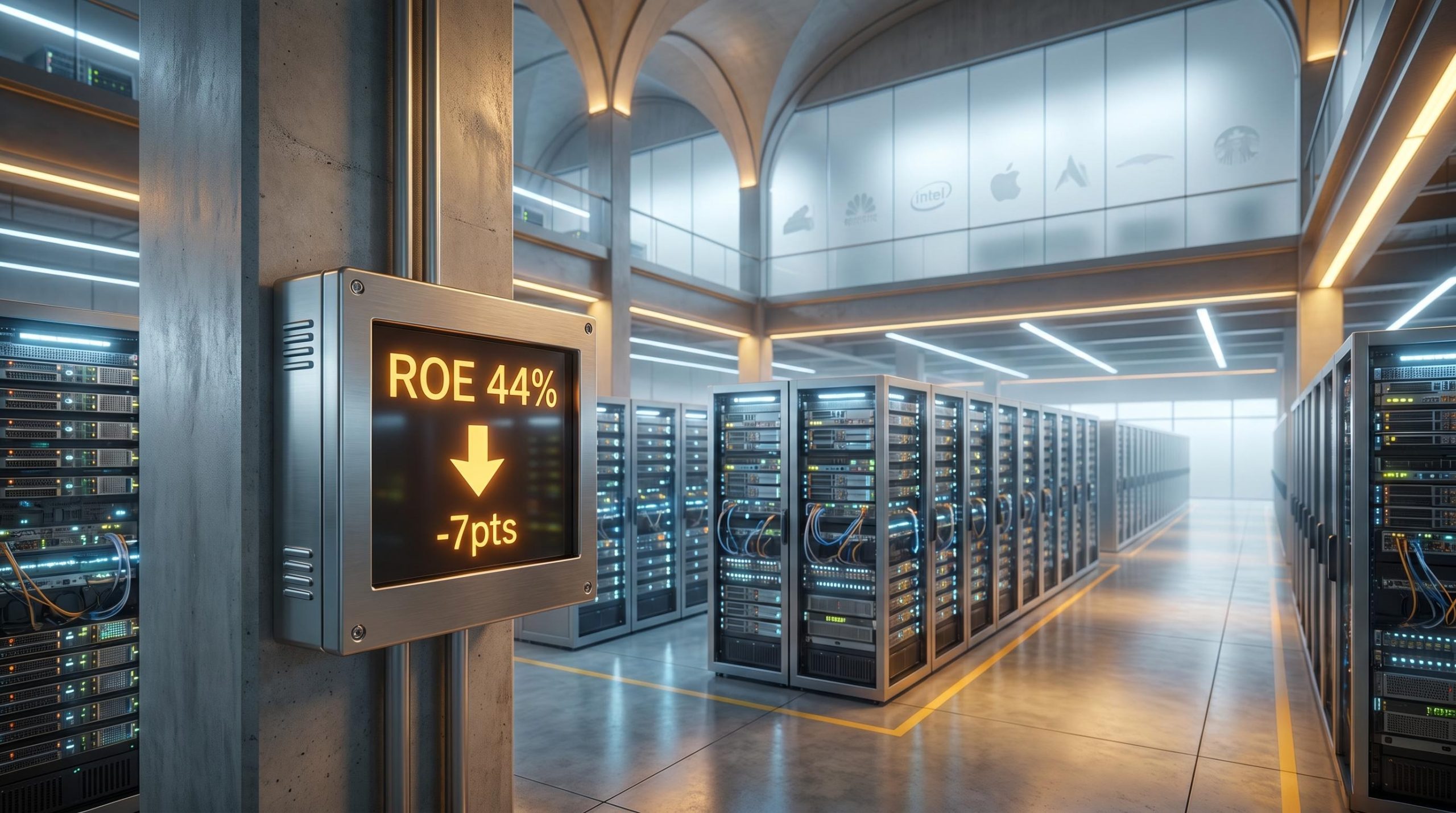 Vast AI data centre with ROE 44% panel and -7pts readout, visualising S