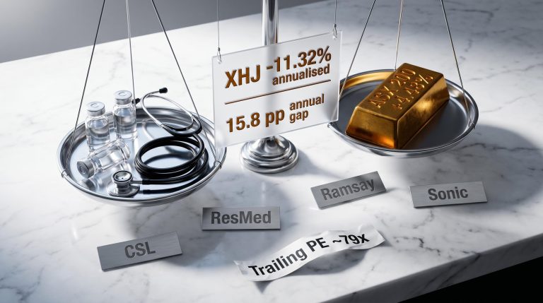 Chrome balance scales weighing ASX healthcare sector -11.32% return against ASX 200 4.48% over five years