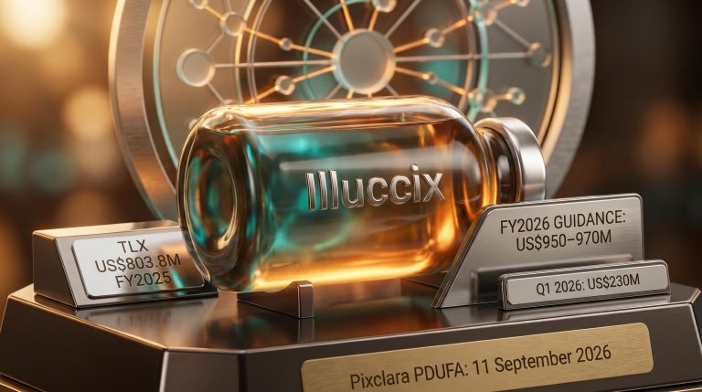 Telix Pharmaceuticals Illuccix vial with US$803.8M revenue and US$950–970M FY2026 guidance plates