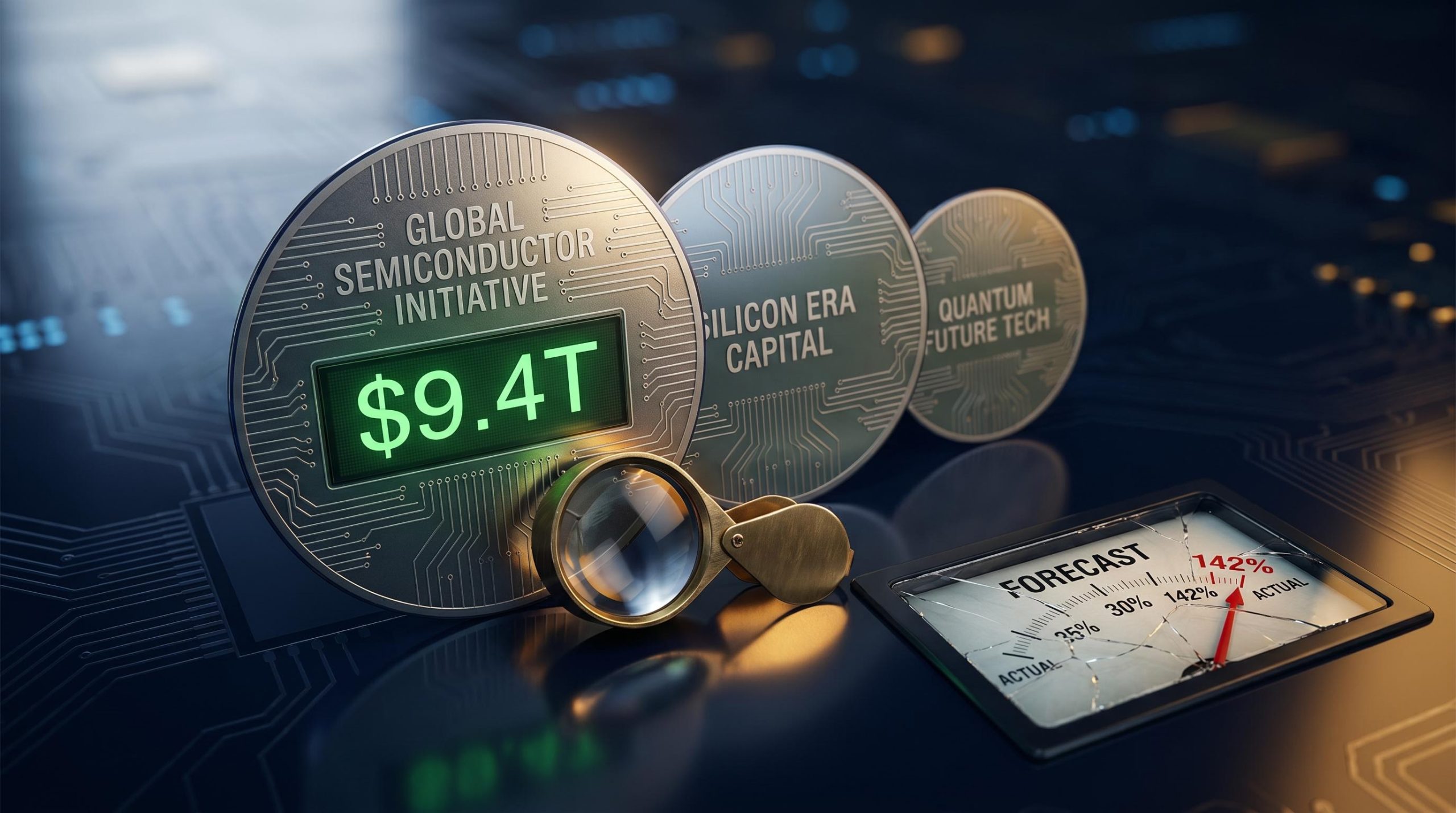Three silicon wafers in podium formation with "$9.4T" AI chip market cap etched on surface — AI stocks analysis
