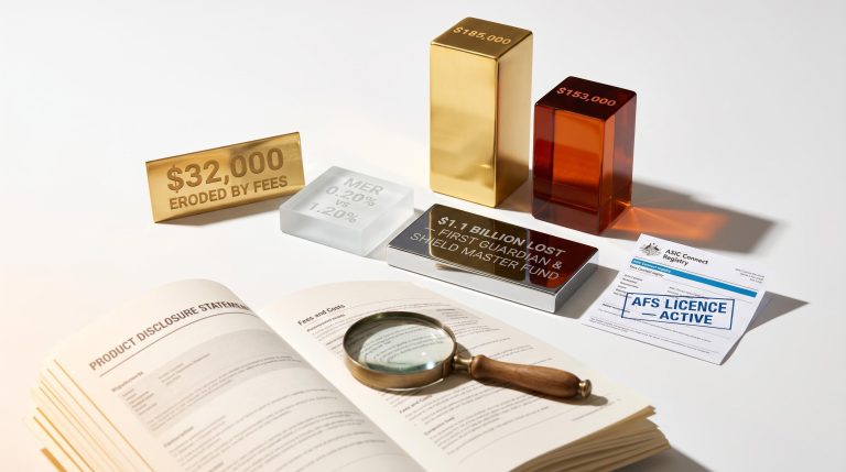PDS document with fee comparison plaques showing $185,000 vs $153,000 outcome gap — how to choose a managed fund
