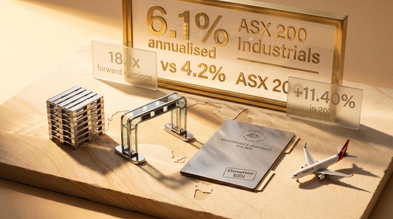 ASX industrials sector 6.1% annualised return displayed on brass placard with Brambles, Transurban, Downer and Qantas props