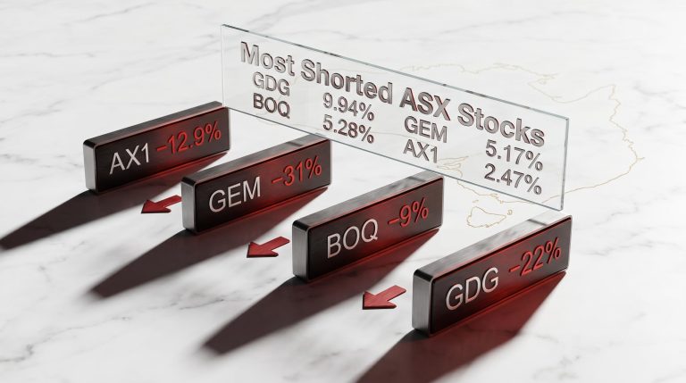 Four ASX ticker plaques showing GEM −31%, GDG −22%, AX1 −12.9%, BOQ −9% with most shorted ASX stocks short interest data