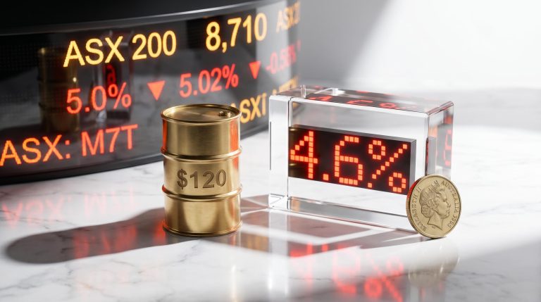 Crystal block showing 4.6% next to a brass $120 oil barrel, illustrating strategies for investing during inflation on the ASX.