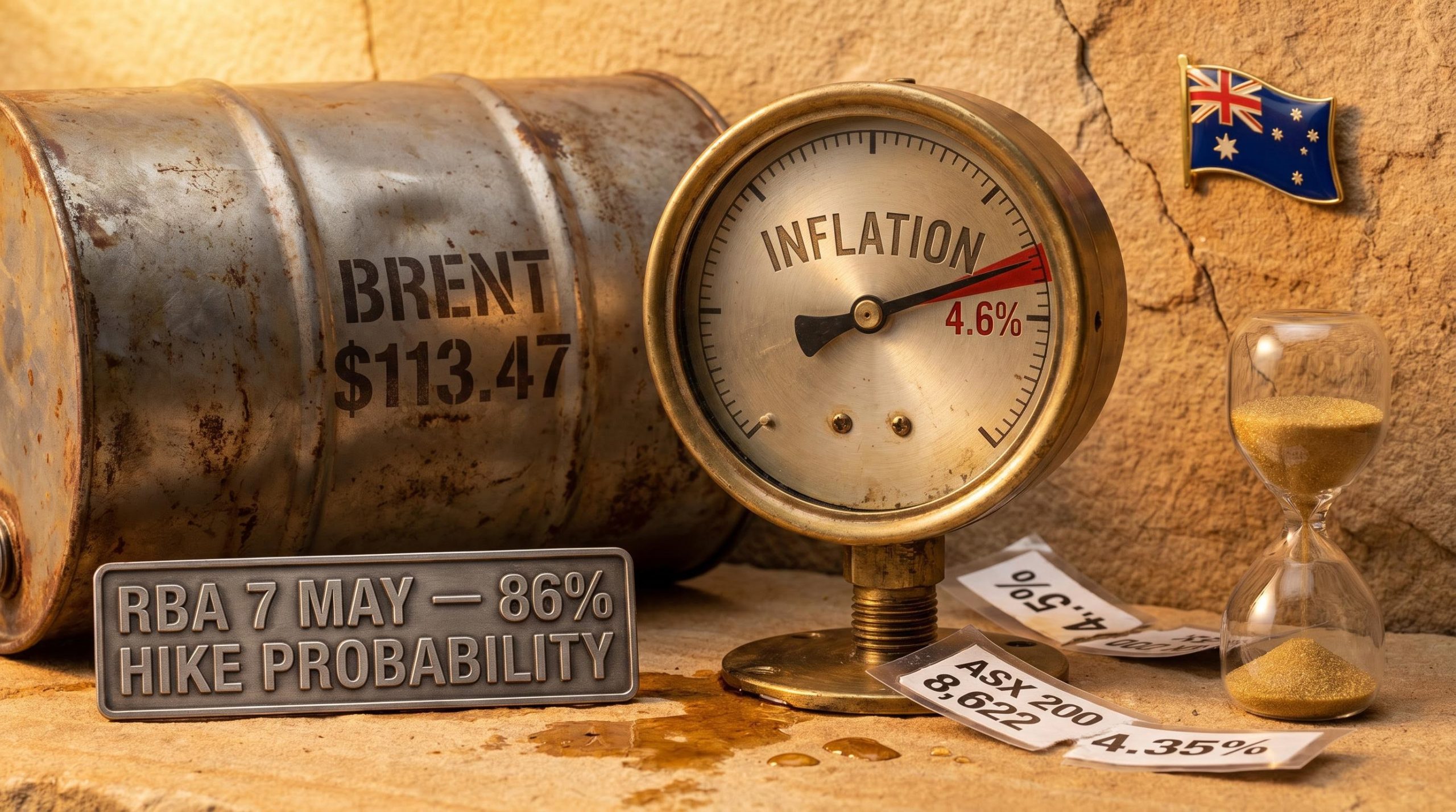 Brass inflation pressure gauge at 4.6% beside a Brent crude barrel stamped $113.47, RBA rate hike signal
