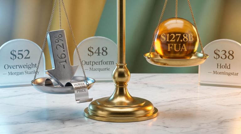 Hub24 stock analysis: balance scale weighing −16.2% share decline against $127.8B FUA with broker price targets