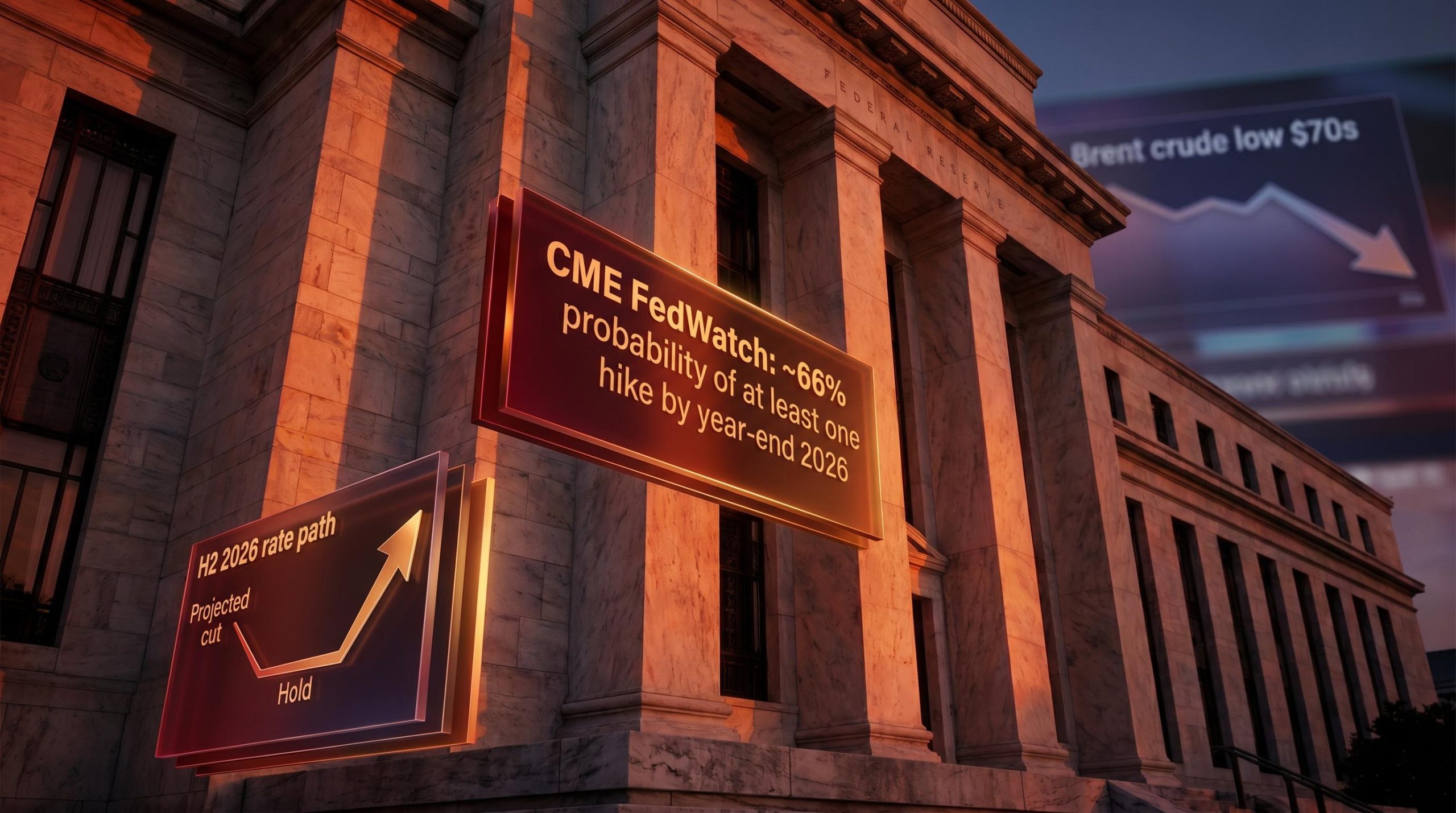 Fed Reserve facade with CME FedWatch 66% rate hike probability panel — dual inflation pivot analysis H2 2026