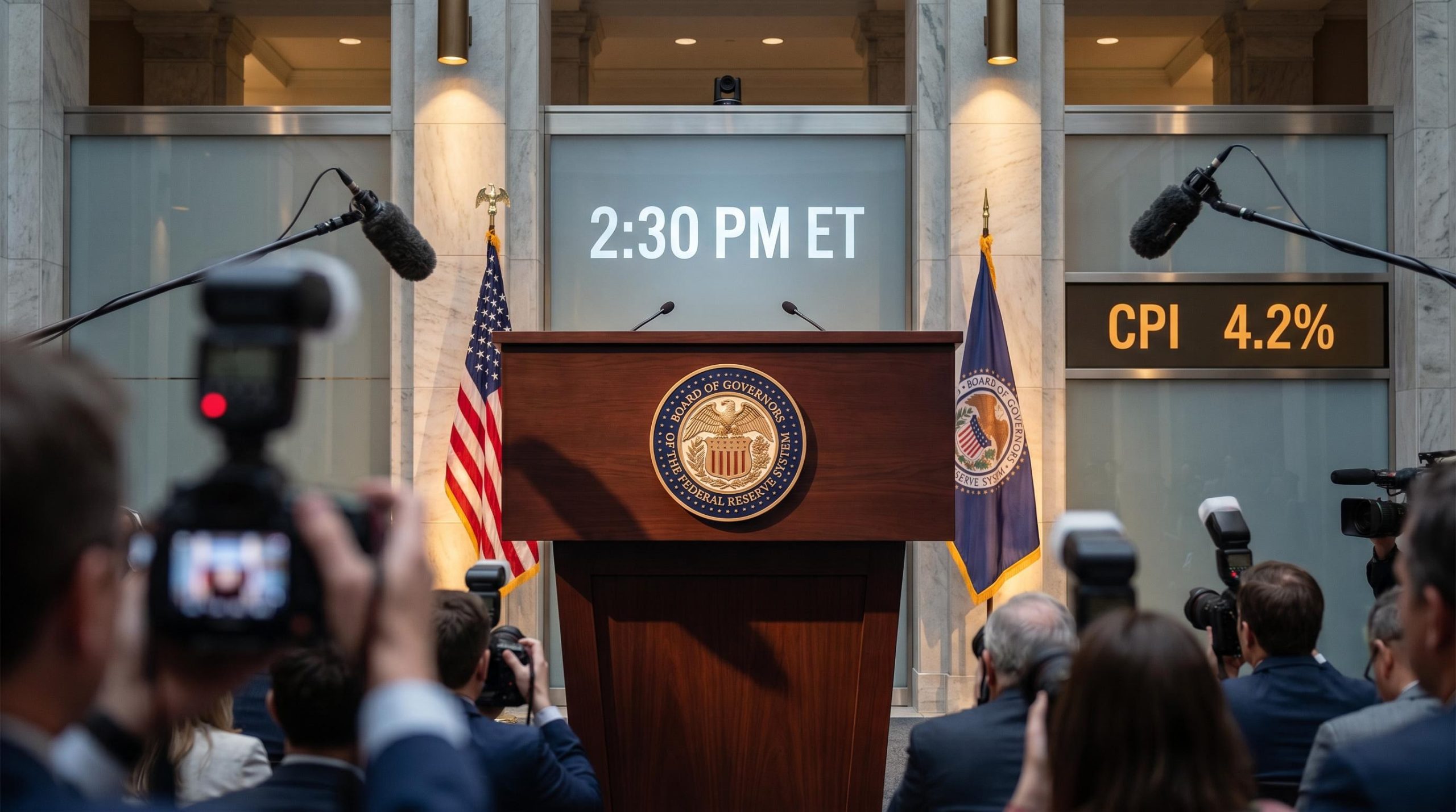 Federal Reserve podium with "CPI 4.2%" display ahead of Kevin Warsh's first Fed interest rate decision press conference