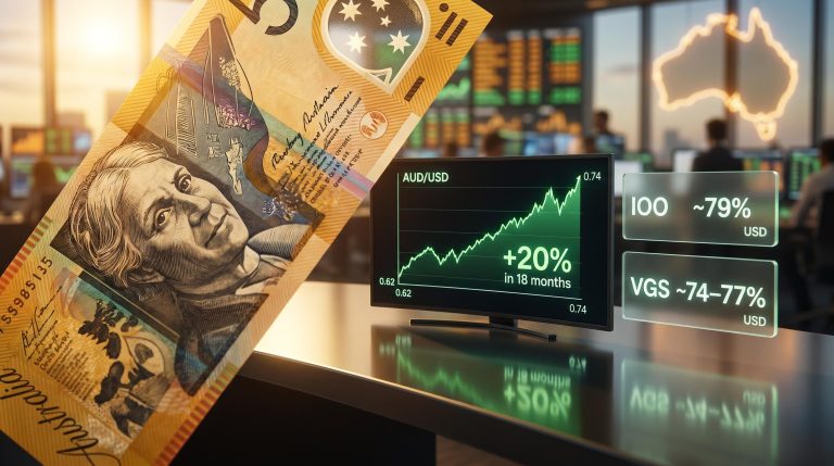 Australian dollar banknote with AUD/USD chart rising from 0.62 to 0.74, showing 20% appreciation impact on ASX ETFs