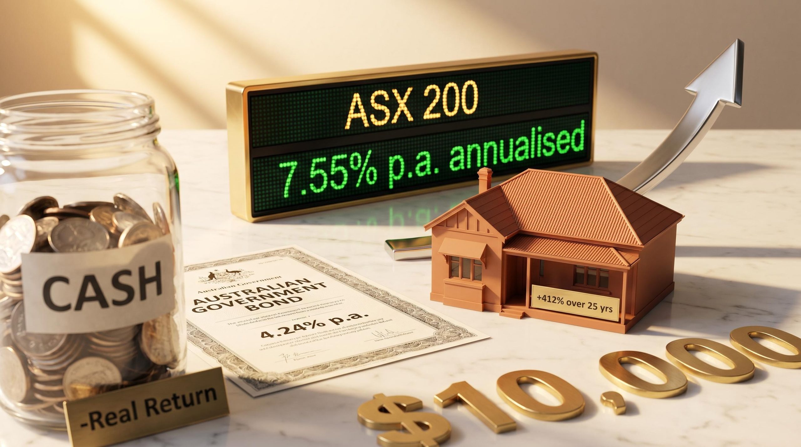 Four Australian asset classes arranged as physical objects with 25-year return data, illustrating investment risk and return trade-offs