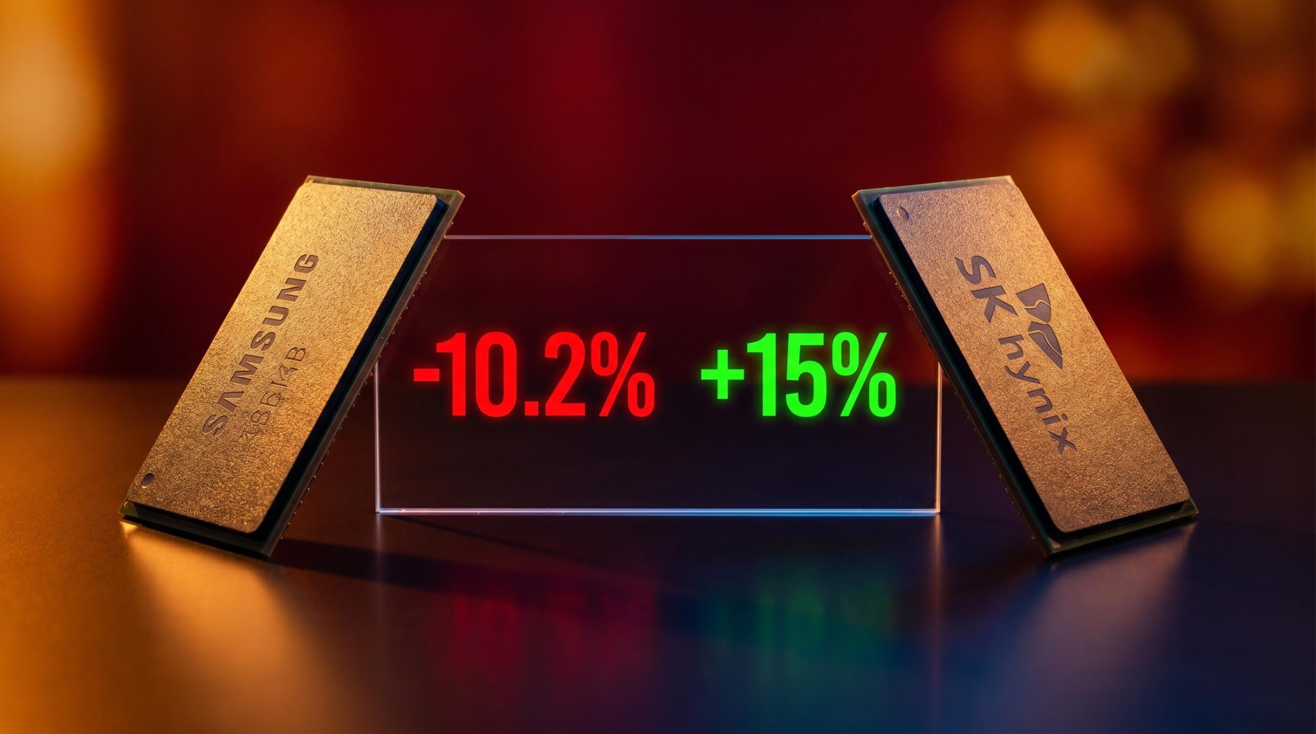 Samsung and SK Hynix memory chips mid-swing with -10.2% and 15% data panels showing AI chip stock volatility