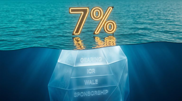Glowing 7% yield sign above water with Singapore REIT quality metrics etched on an iceberg structure below