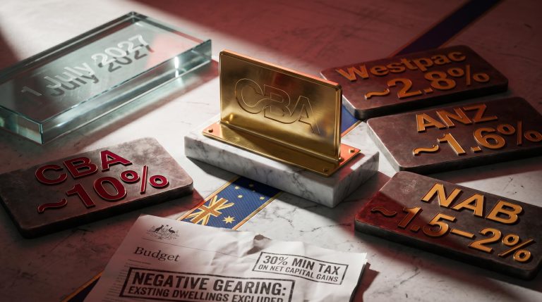 CBA brass placard with ~10% decline ticker and negative gearing policy text amid four major bank sell-off