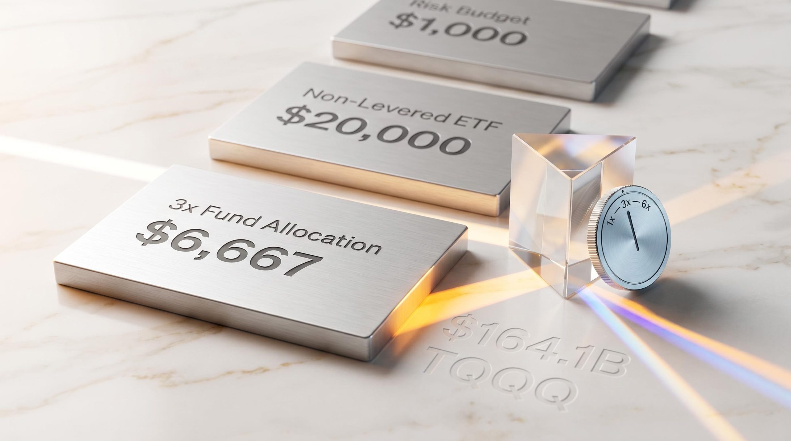 Aluminium allocation tiles showing $6,667 vs $20,000 illustrating leveraged ETF strategies position sizing