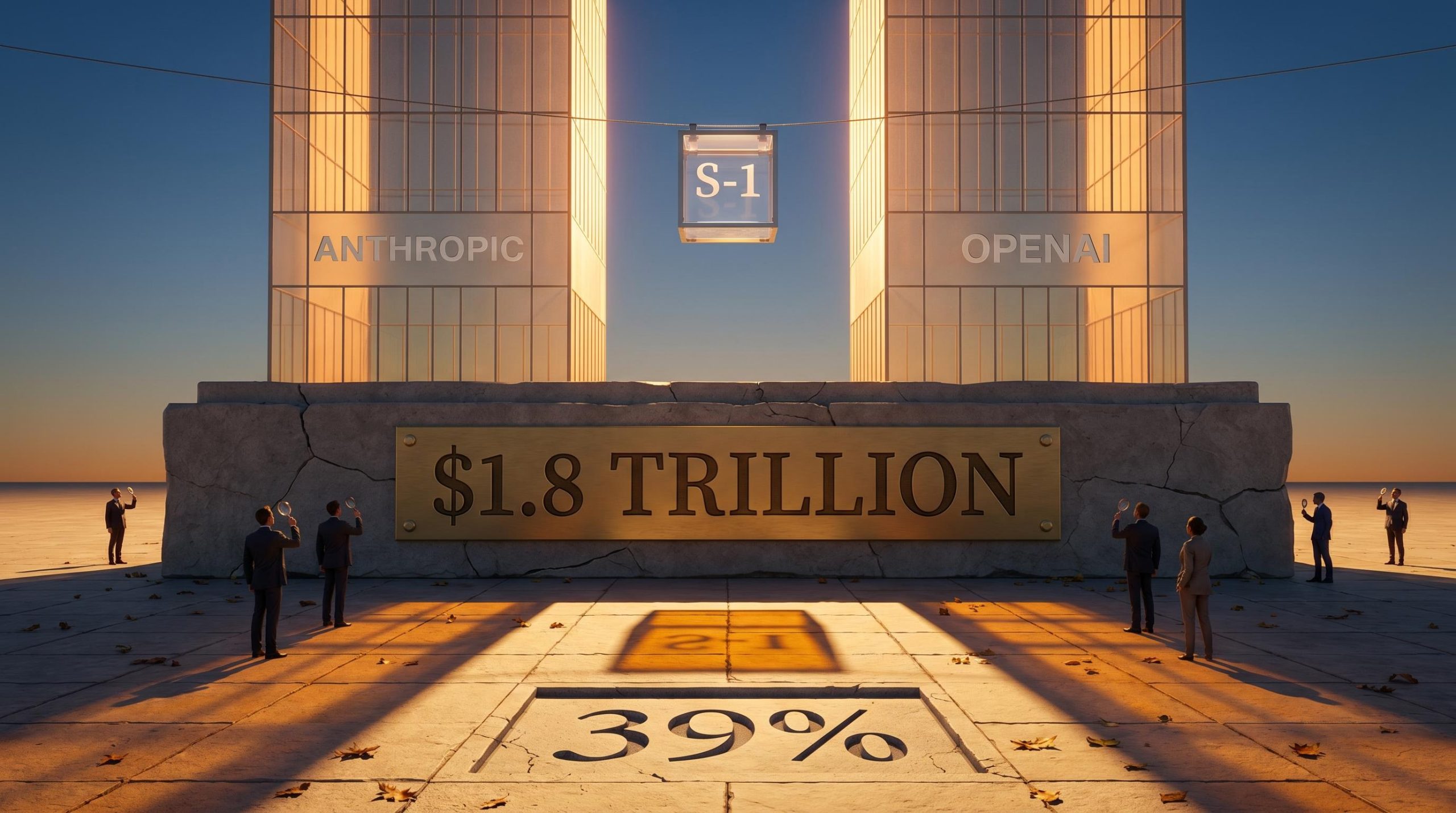 Anthropic and OpenAI monoliths valued at $1.8 trillion loom over an empty S-1 box in AI IPO valuation analysis