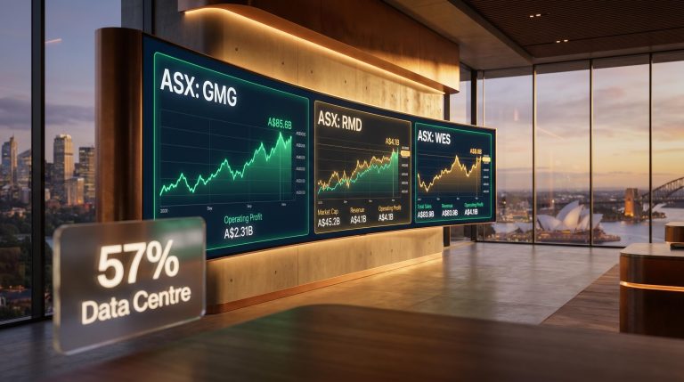 GMG, RMD and WES tickers on a premium trading screen with A$85.6B and A$2.31B data overlays — ASX blue chip stocks