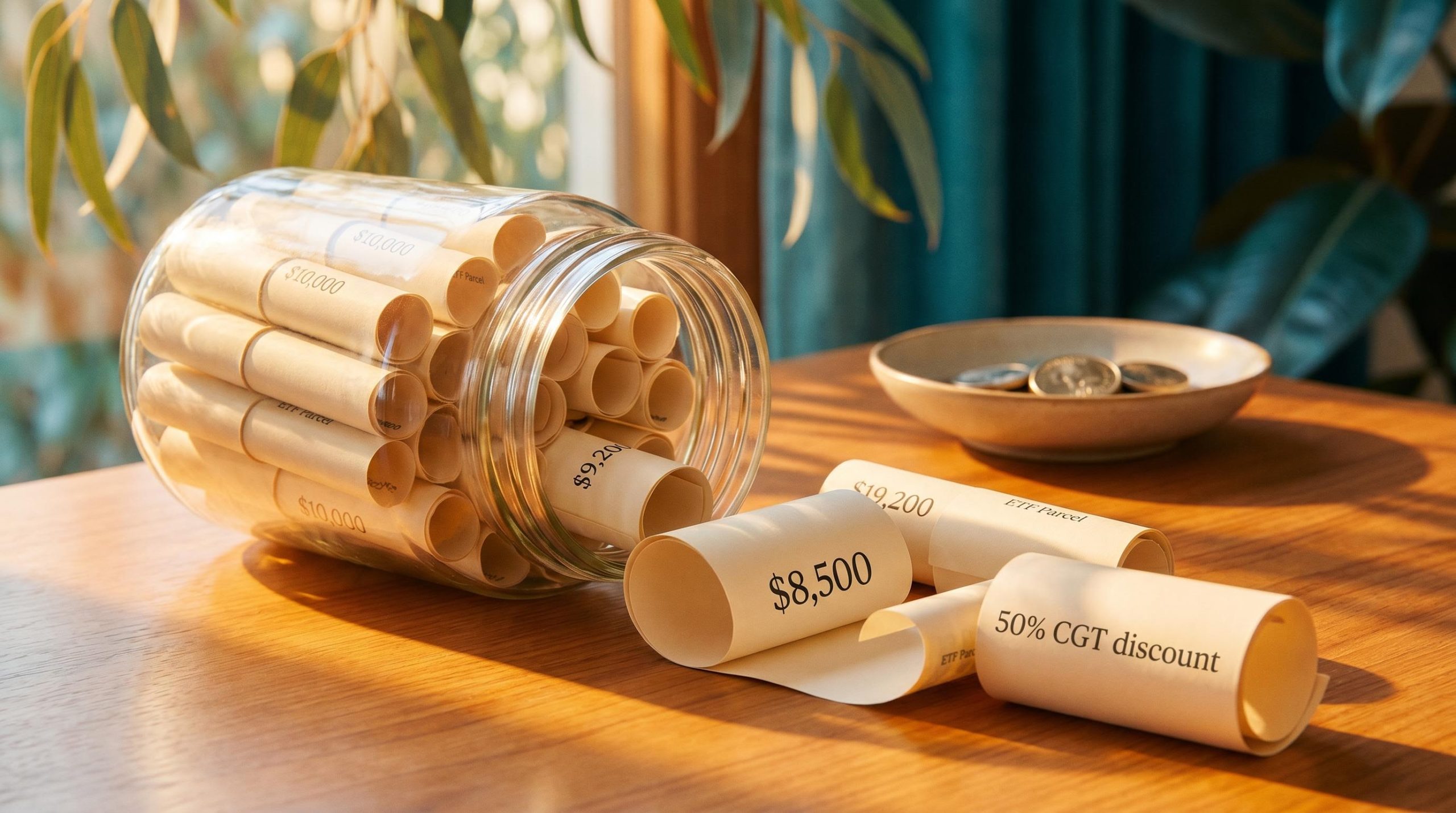 Glass jar of cost base adjustment scrolls on a timber desk illustrating Australian ETF tax complexity