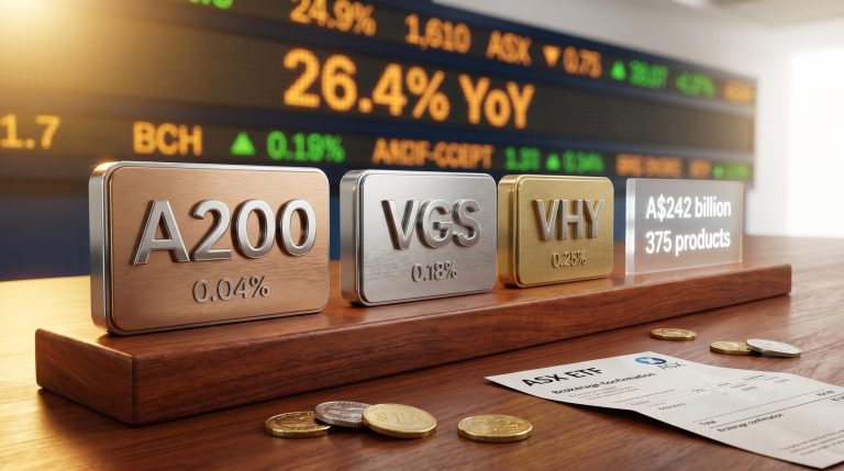 Three ASX ETF ticker plaques A200, VGS, VHY with MERs engraved, beside A$242 billion FUM display for beginner ETF guide