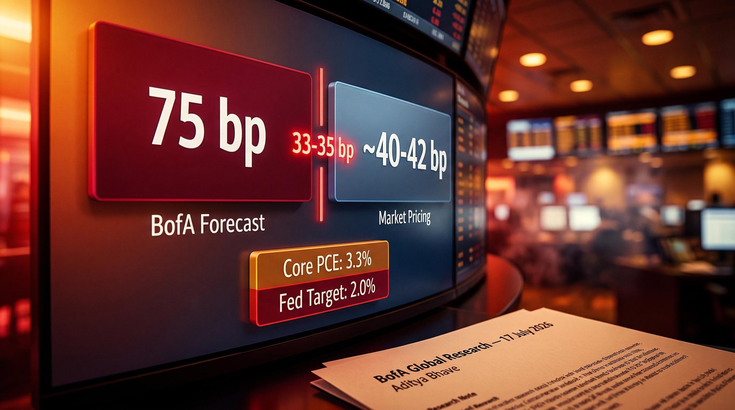 BofA research screen showing 75 bp Fed rate hike forecast vs 40-42 bp market pricing with core PCE 3.3%