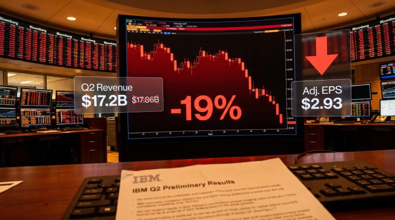 IBM stock chart plunging 19% pre-market with Q2 revenue miss of $17.2B vs $17.86B consensus on trading screen