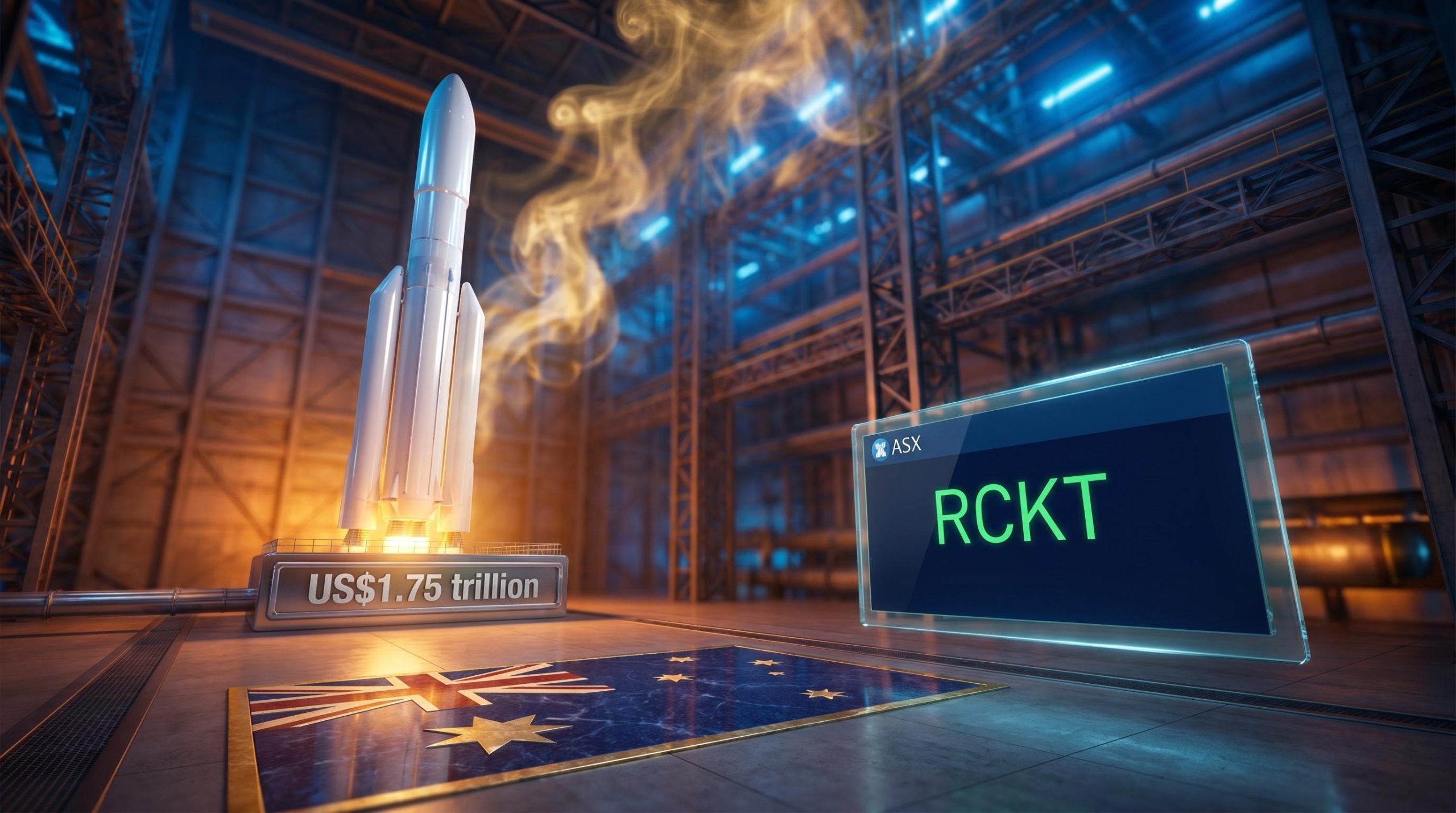 SpaceX rocket on launch pad with ASX RCKT ETF screen — SpaceX IPO Australia access explained