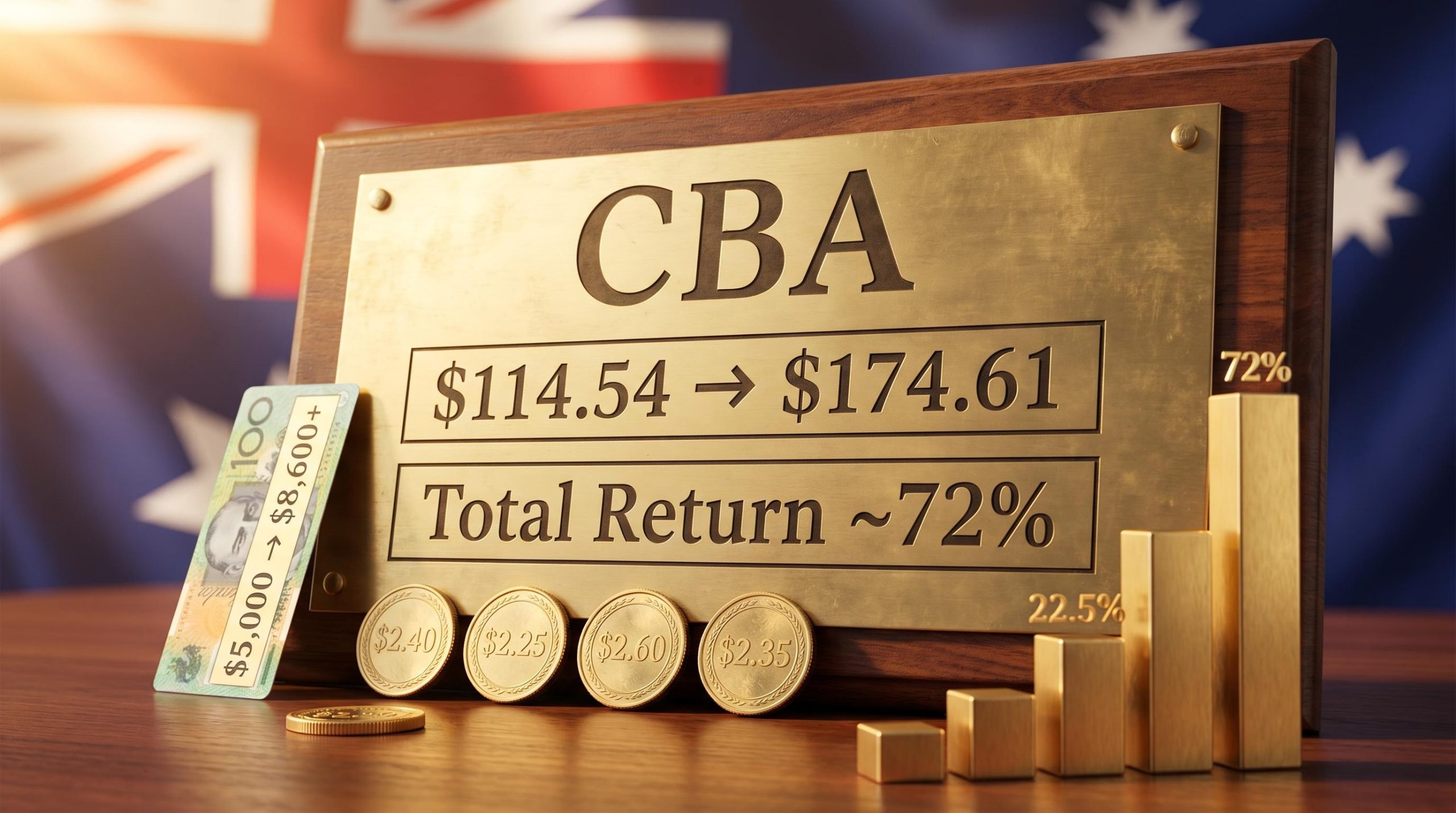 CBA share price brass plaque showing $114.54 to $174.61 gain with $9.60 dividends and 72% total return