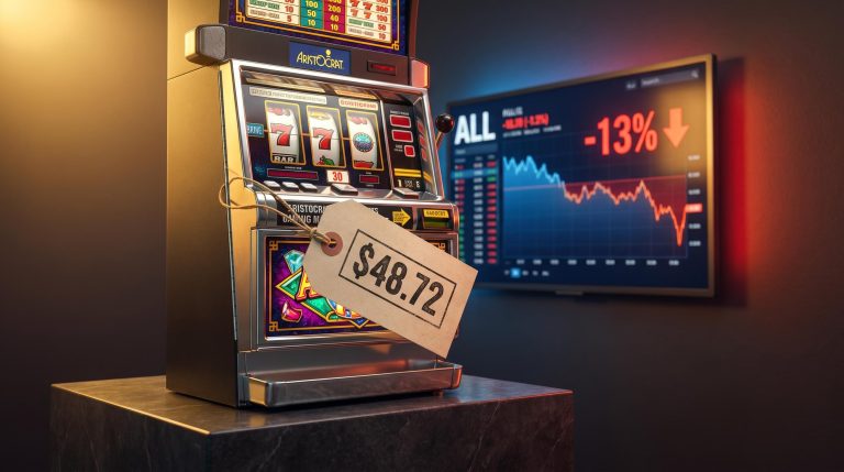 Aristocrat gaming machine on auction plinth with ALL share price -13% on trading screen behind it