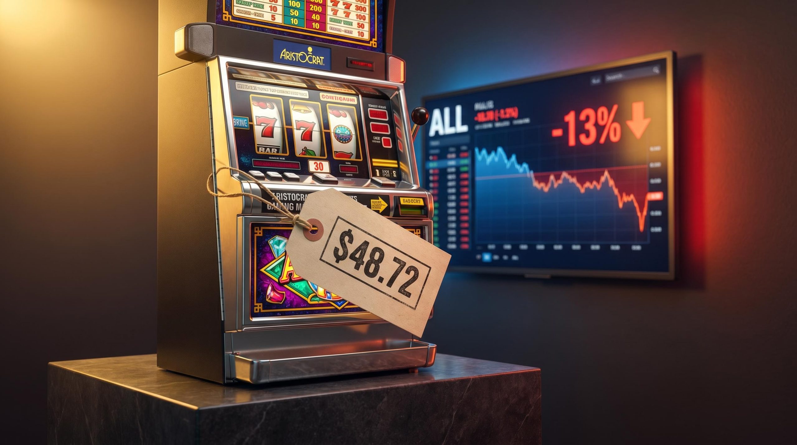 Aristocrat gaming machine on auction plinth with ALL share price -13% on trading screen behind it