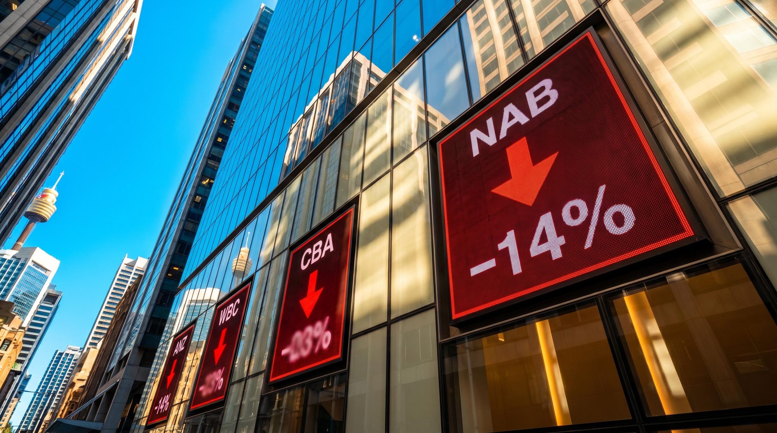 ASX bank shares in freefall: NAB, CBA, WBC, ANZ panels show red losses led by NAB's 14% May 2026 plunge