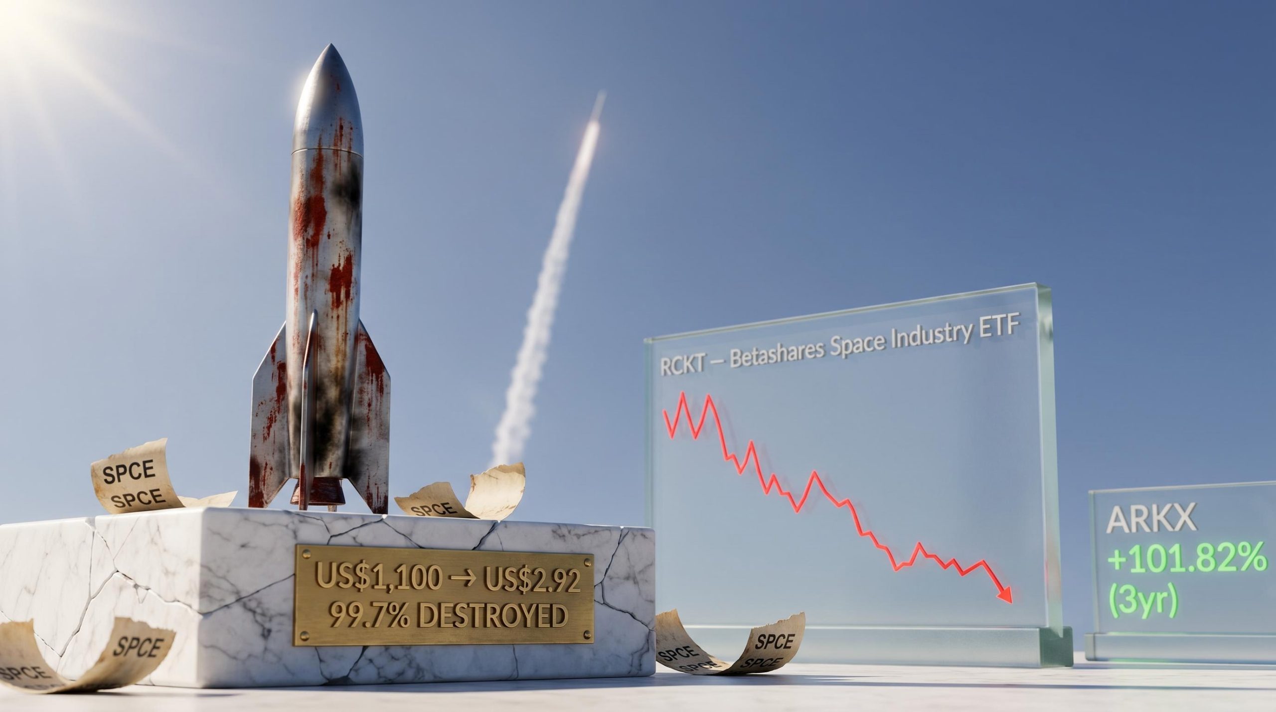 Virgin Galactic 99.7% decline plaque beside Betashares RCKT ETF panel — space sector investing risk