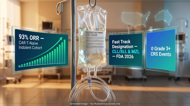 Azer-cel CAR-T infusion bag with 93% ORR and FDA Fast Track data panels for marginal zone lymphoma