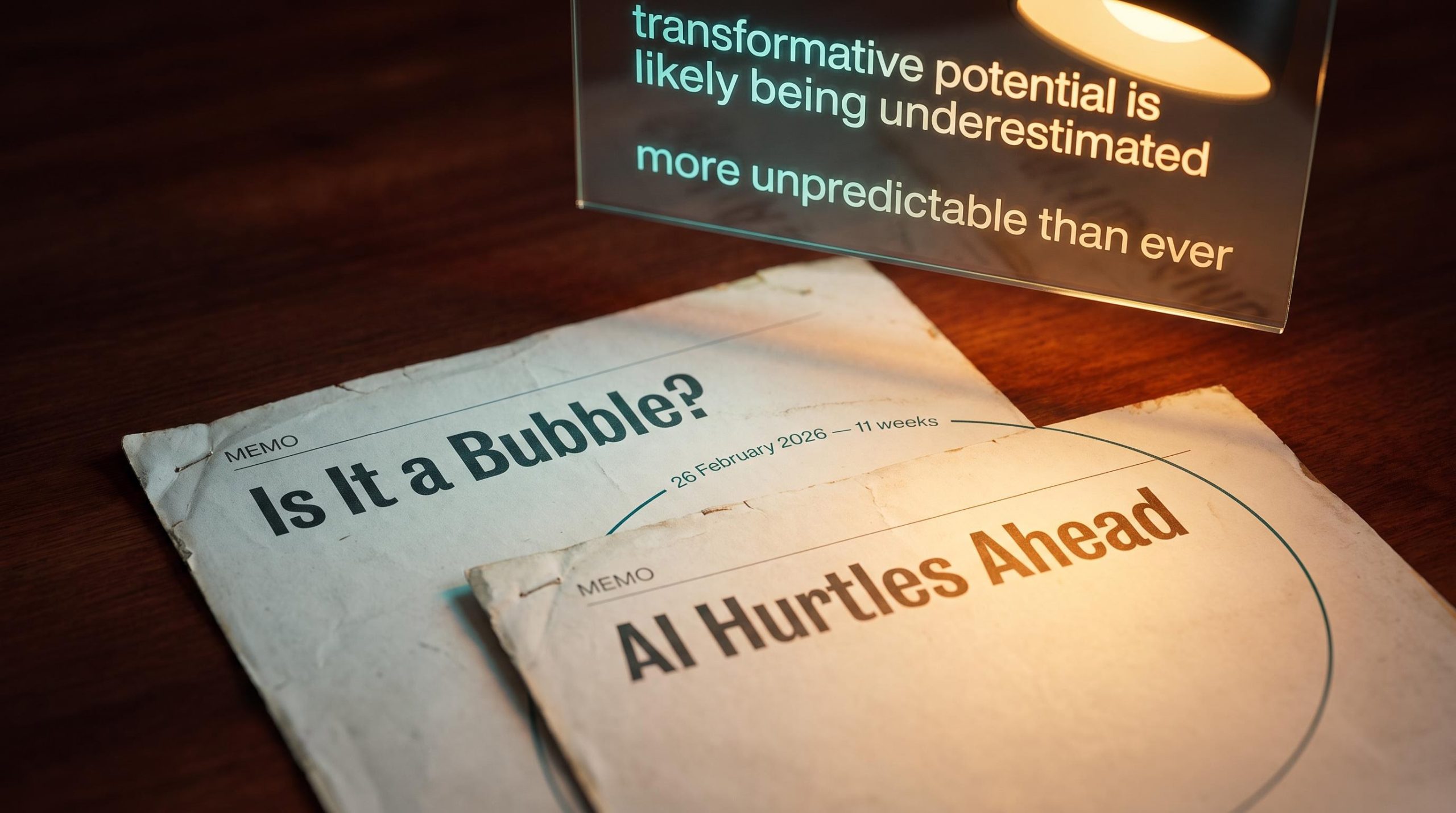 Howard Marks' two AI memos side by side with "AI Hurtles Ahead" and 11-week reversal date overlaid