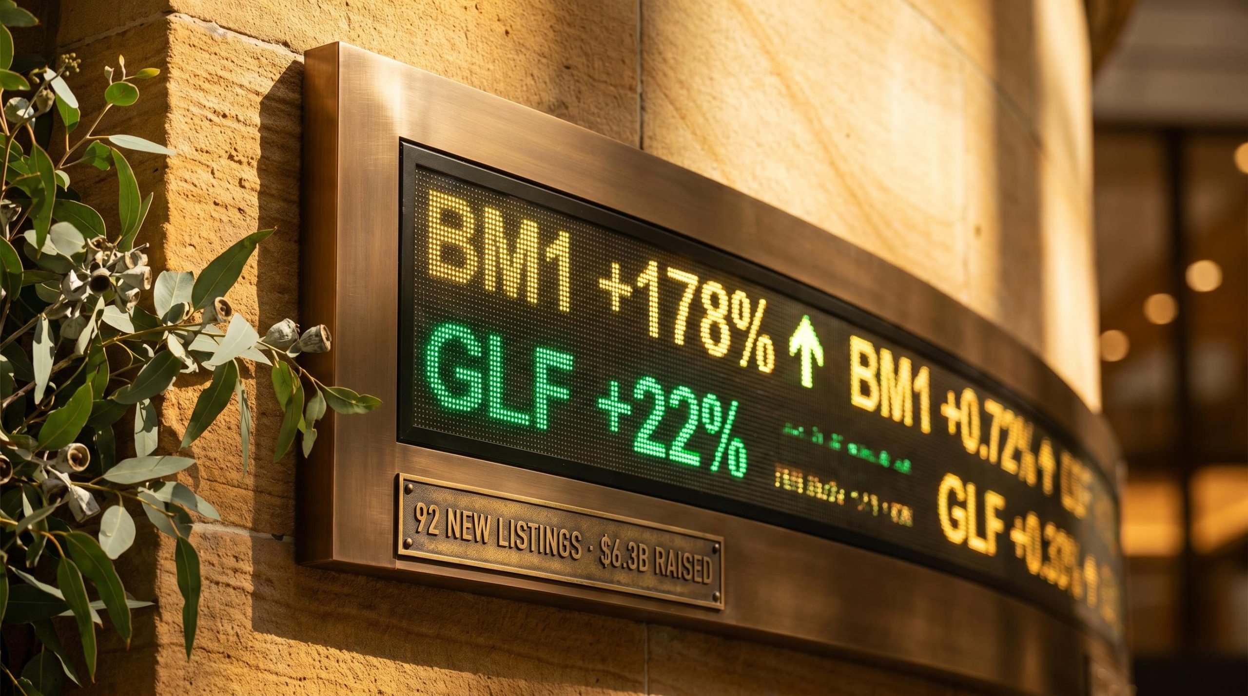 ASX digital listing board showing BM1 178% and GLF 22% amid 92 new listings in the best Australian IPOs 2026 cycle