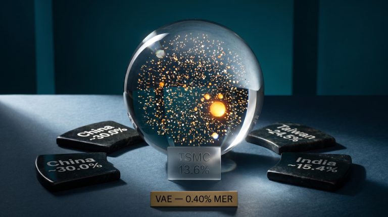 VAE ETF glass sphere showing TSMC 13.6% concentration with China 30%, Taiwan 24.5%, India 15.4% country tiles