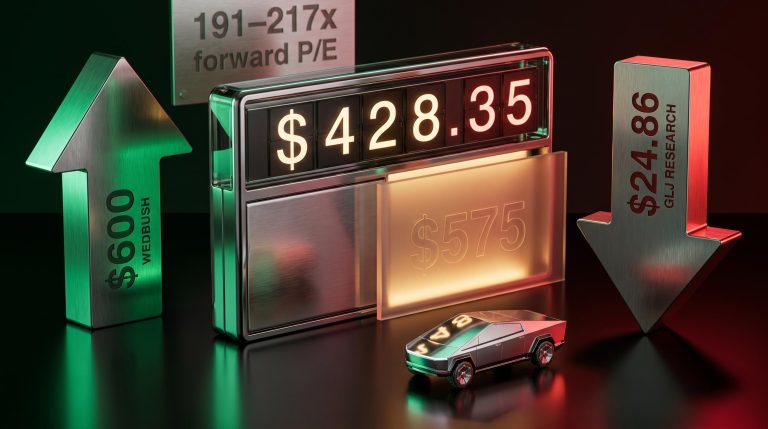 Tesla stock valuation split: $600 bull target vs $24.86 bear target flanking a $428.35 ticker at 200x forward earnings