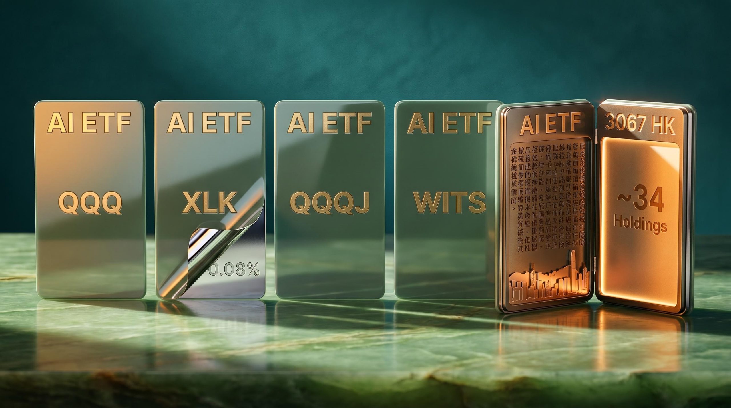 Five AI ETF fund cards — QQQ to 3067 HK — cracked open to reveal hidden differences in holdings, fees, and currency risk