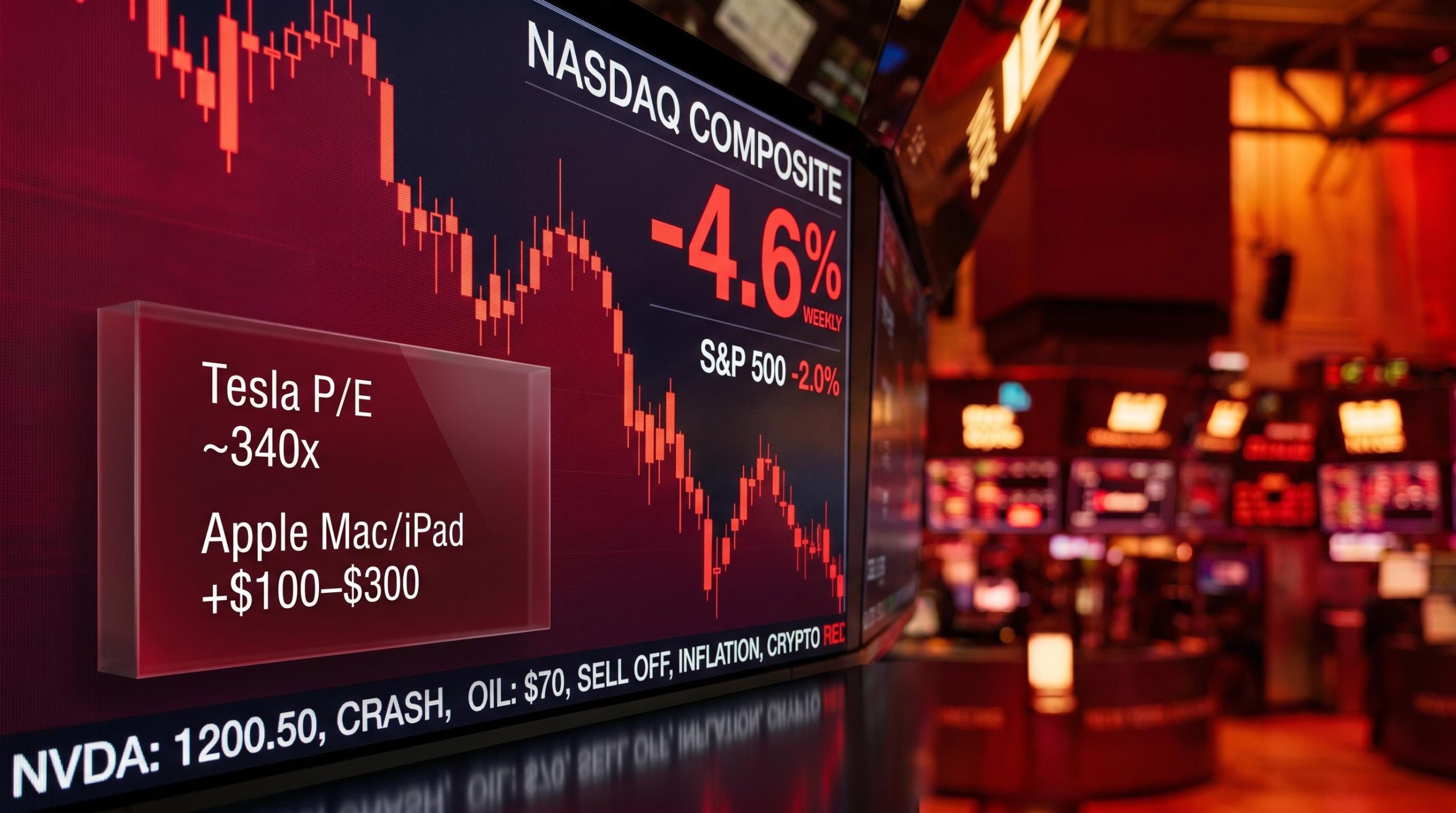 NASDAQ Composite -4.6% weekly loss on trading floor screen with Tesla P/E and Apple price hike data overlays