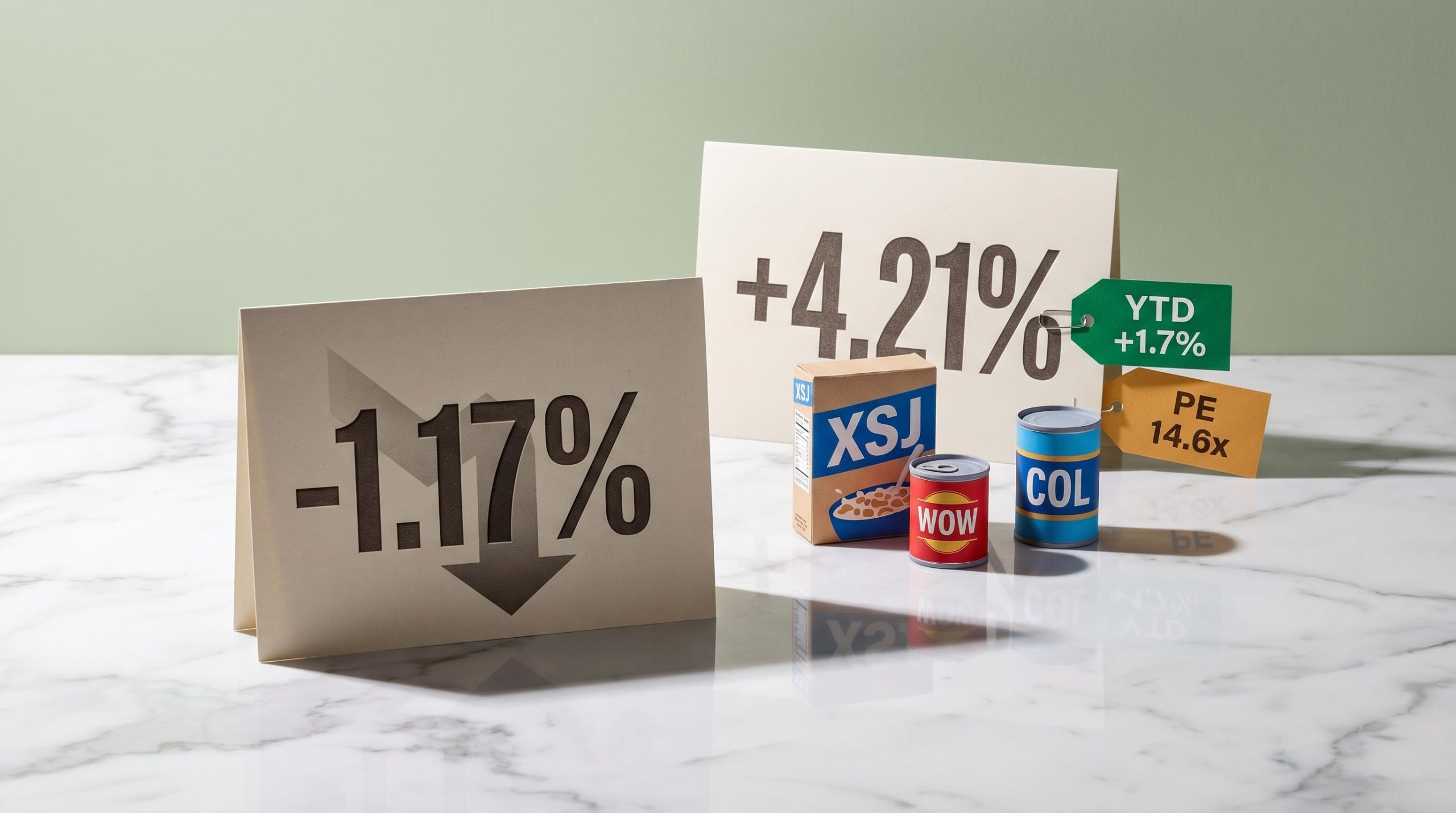ASX consumer staples XSJ five-year return of -1.17% vs ASX 200 4.21% shown as supermarket price placards