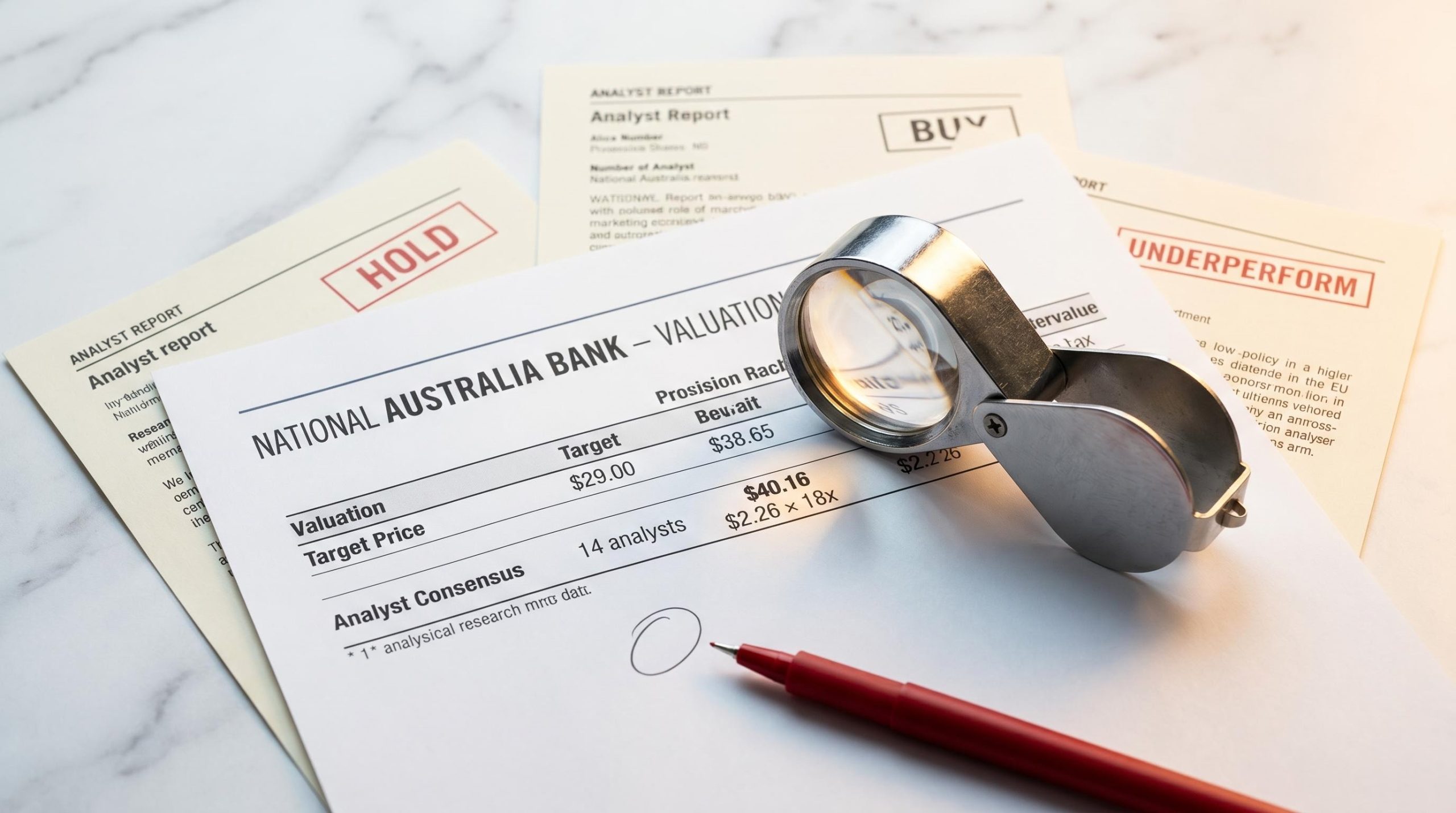 NAB share price valuation research documents with analyst range $29.00–$48.50 under a magnifying loupe on white marble