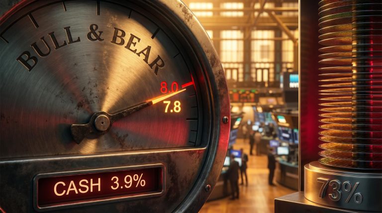 BofA Fund Manager Survey gauge hits 7.8 with cash at 3.9% and semiconductor conviction at 73% — late-cycle warning