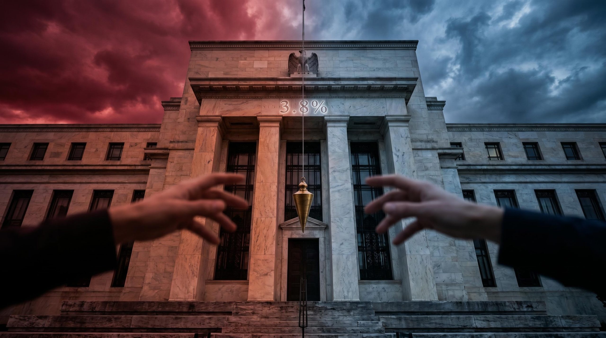Federal Reserve facade split by red and blue light with "3.8%" etched in stone, symbolising central bank independence under pressure