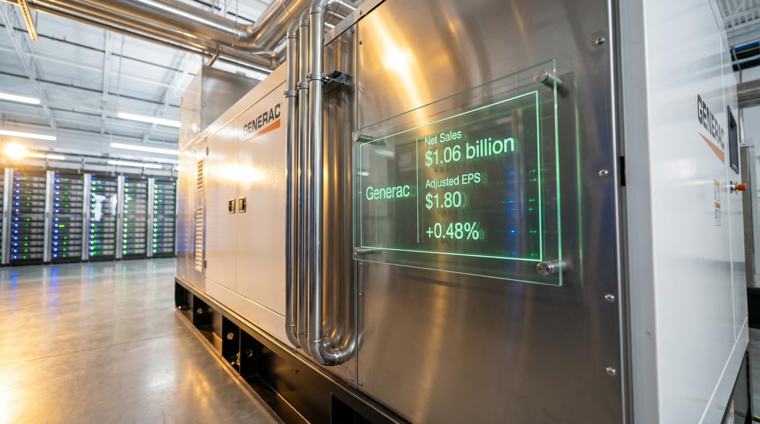 Generac earnings report data displayed on a smart-screen attached to a massive commercial generator in a bright data center.