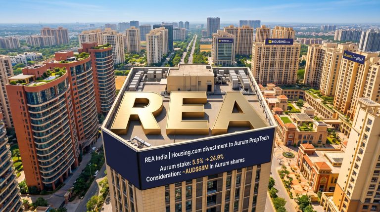City skyline with REA sign