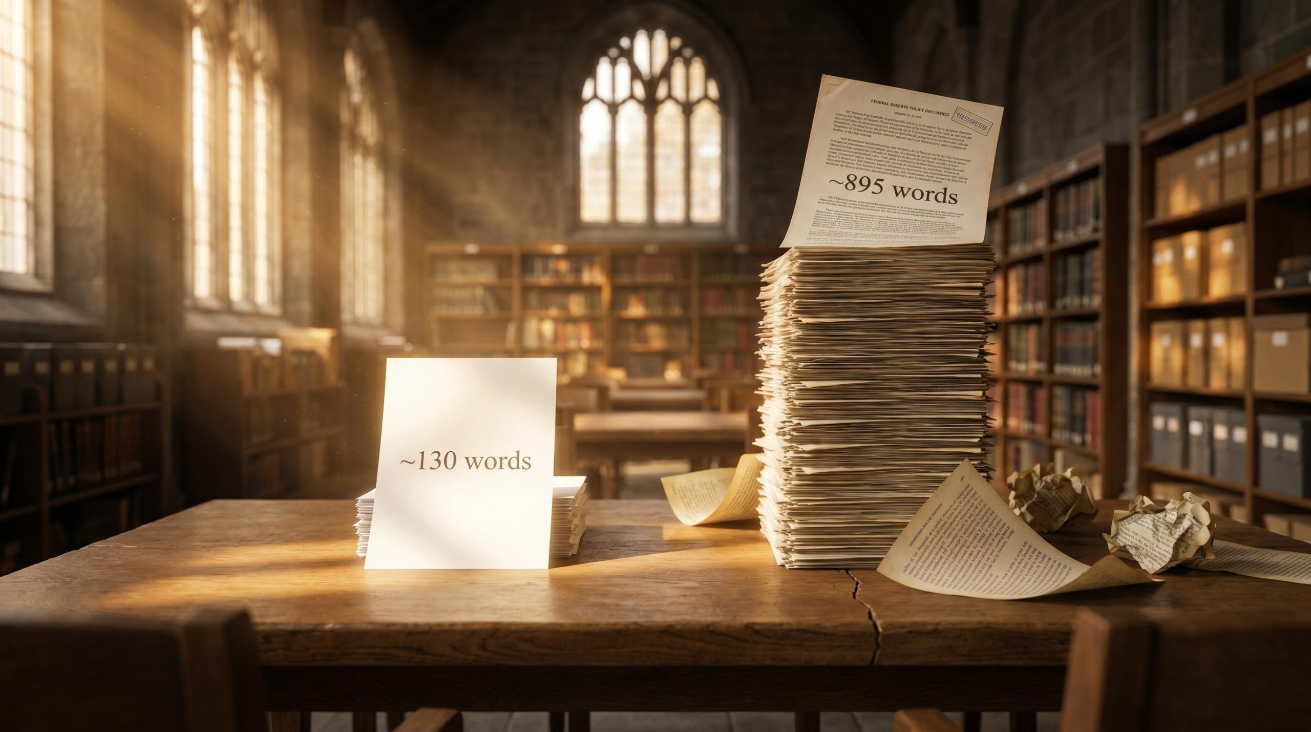 Two document stacks contrast Fed forward guidance evolution — 130-word brevity vs 895-word peak complexity