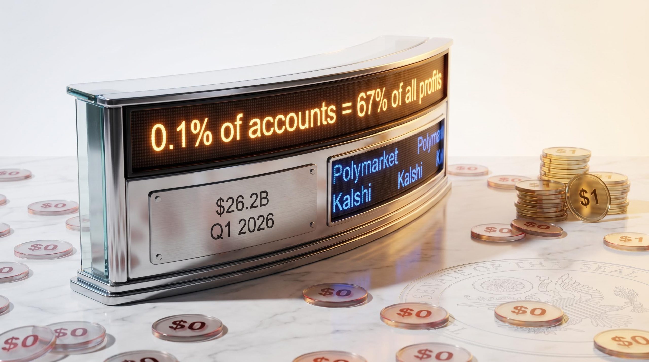 Prediction markets terminal showing 0.1% profit concentration stat with $1 and $0 binary contract tokens on marble