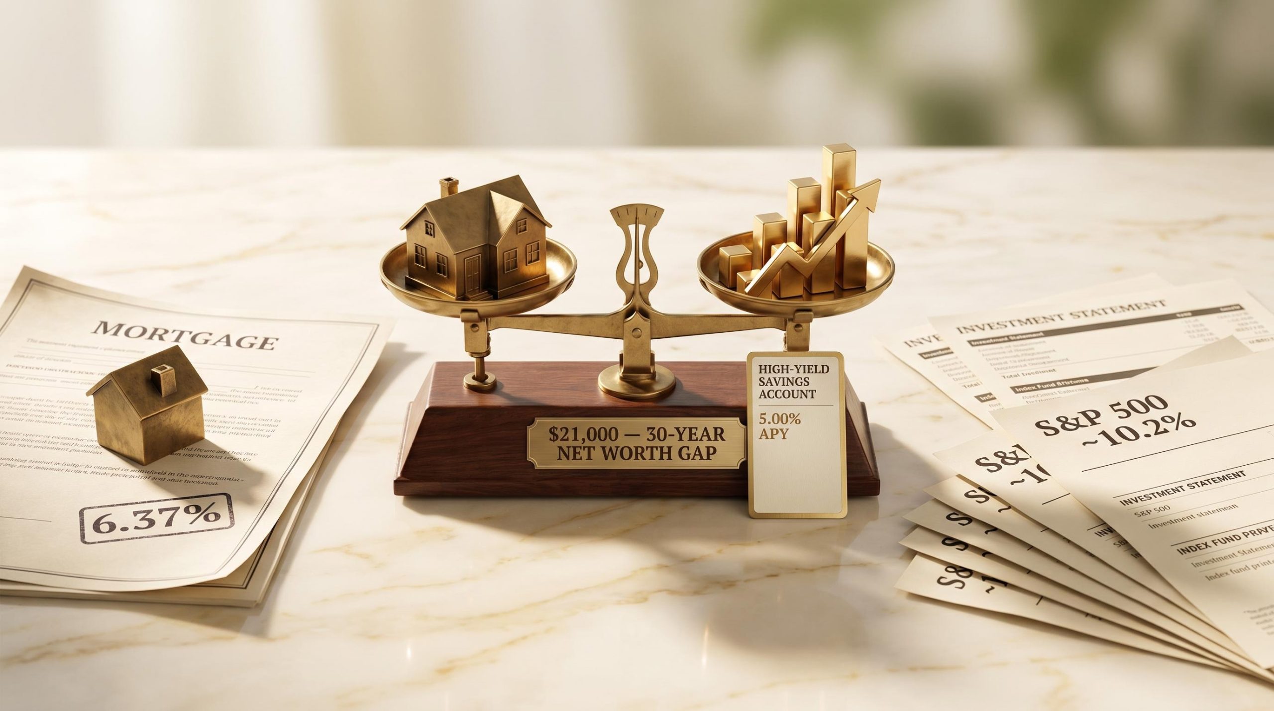 Brass balance scale weighing a house model against S
