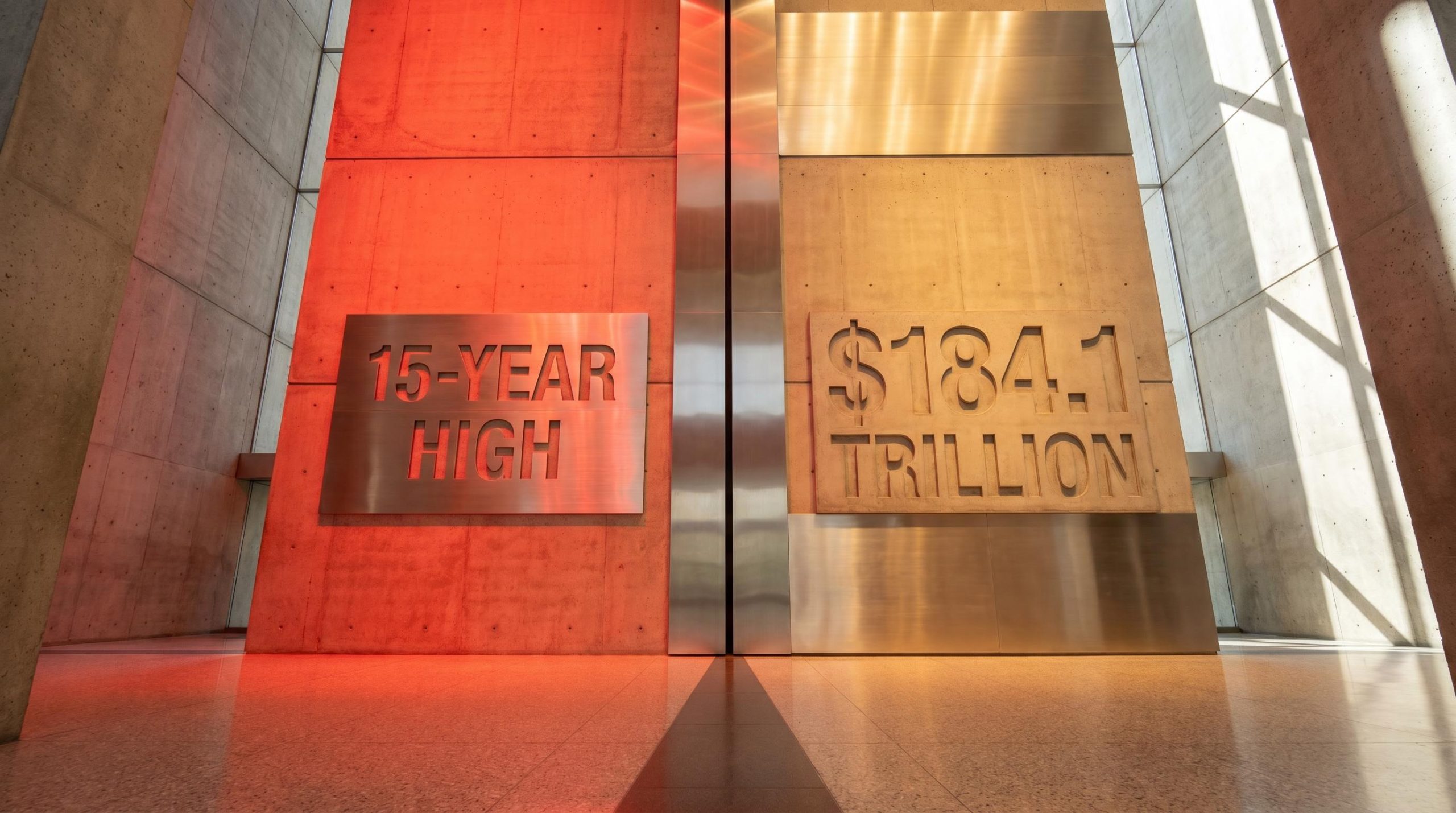 Split concrete ledger showing '15-YEAR HIGH' in red and '$184.1 TRILLION' in gold — US consumer debt analysis