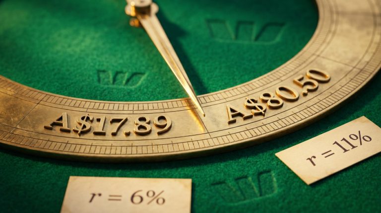 Brass calibration dial showing A$17.89 and A$80.50 illustrating Dividend Discount Model input sensitivity for Westpac
