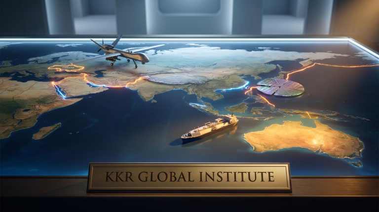 KKR Global Institute map table showing LNG, drone, and semiconductor fault lines across geopolitical investment risk zones
